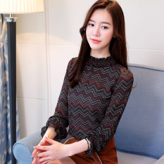 Korea Modis Gaya Lengan Bergaris Pada Pakaian Dicetak Kerah Baju Dalaman Lengan Panjang Kemeja Jersey Rayon (Biru Tua Panjang Lengan Bergaris)