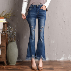 2018 Musim Semi dan Musim Gugur Bordir Versi Korea Rumbai Lee Jeans Celana Bell-bottom Musim Semi Terlihat Langsing Mikro Celana Bell-bottom Ukuran Besar Bafeen Celana Jeans
