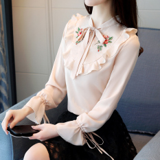 Korea Fashion Style Bordir Wanita Musim Semi Dan Musim Gugur Baju Dalaman Sifon Kemeja (Gambar Warna)