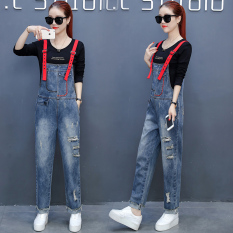 Korea Modis Gaya Celana Jeans Sobek Perempuan Baru Ramping Romper (Hitam)