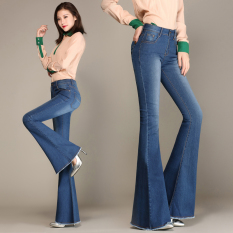 Celana Panjang Model Terompet Wanita Jeans Pinggang Tinggi untuk Membentuk Tubuh Versi Korea (Biru) (Biru)
