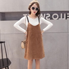 Korea Fashion Style Kain Korduroi Perempuan Setengah Panjang Model Dress Tanpa Lengan Overall (Coklat Muda Warna) baju wanita dress wanita Gaun wanita