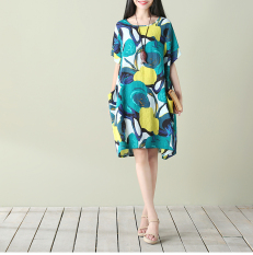 Versi Korea Pasang Kain Linen Bersablon Ukuran Ekstra Besar Baju Wanita 200 Pon Adik Perempuan Gemuk Pakaian Musim Panas Lengan Pendek Wanita Baju Kaos Rok Selutut Baju Terusan