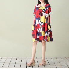 Versi Korea Pasang Kain Linen Bersablon Ukuran Ekstra Besar Baju Wanita 200 Pon Adik Perempuan Gemuk Pakaian Musim Panas Lengan Pendek Wanita Baju Kaos Rok Selutut Baju Terusan