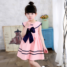 Korea Fashion Style Katun Anak Perempuan Kecil Dress Tanpa Lengan Gaun (Navy Gaun Merah Muda Warna)