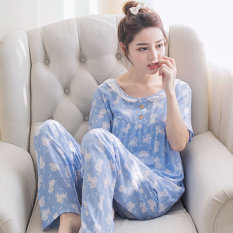 Korea Fashion Style Katun Sutra Perempuan Bagian Tipis Kasual Layanan Rumah Baju Tidur (Pendek Panjang Empat Sudut Kelinci Biru)
