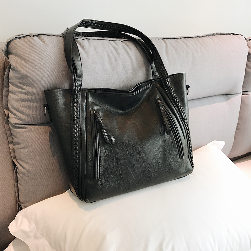 Korea Fashion Style Kulit Bisa Dicuci Perempuan Kapasitas Besar Jinjing Tas Wanita Tas Bahu (Hitam)