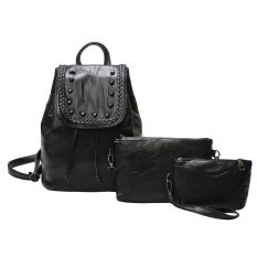 Tas Ransel Korea Fashion Style Kulit Tas Ransel Kulit Domba Perempuan (Gaya tiga hitam paku keling model)