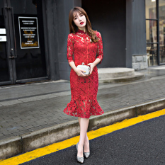Korea Fashion Style Merah Mempelai Wanita Baru Gaun Pengantin Mermaid Gaun Baju Pelayanan (Lengan Sedang Merah Tua Gaun Pengantin Mermaid)