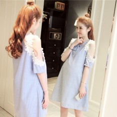 Korea Modis Gaya Model Trendi Lengan Pendek Lengan Bergaris Baju Hamil Gaun (Biru)
