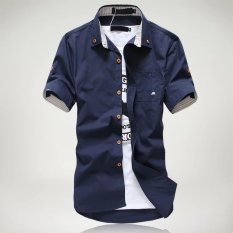 Kemeja Korea Fashion Style Putih Kemeja Warna Solid Pria (Lengan Pendek Mushroom Biru Tua Kemeja)