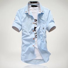 Kemeja Korea Fashion Style Putih Kemeja Warna Solid Pria (Lengan Pendek Mushroom Langit Biru Kemeja)