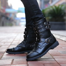 Korea Fashion Style Musim Semi Dan Musim Gugur Putaran Paku Keling Pergelangan Kaki Tinggi Sepatu Kulit Laki-laki Sepatu Boot (Hitam (Bagian Ini Adalah Sepatu Sneakers Kode))