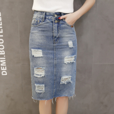 Korea Fashion Style Musim Semi Dan Musim Panas Tipis Tas Pinggang Pinggul Rok Jeans (Light Blue) baju wanita rok