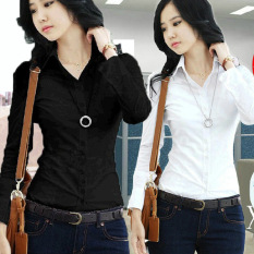Seragam Kerja Kemeja Putih Korea Fashion Style Musim Semi Hitam Slim (Putih)