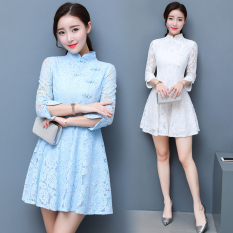 Korea Modis Gaya Perempuan Berongga Lengan Rok Berbentuk Huruf Sebuah Peningkatan Cheongsam (Biru) baju Wanita Gaun Wanita Gaun Wanita