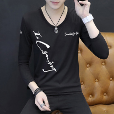 Korea Modis Gaya Pria Kerah V Ramping Jixin Ling Baju Dalaman Kaos (Huruf Kecil Hitam)