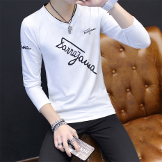 Korea Modis Gaya Pria Kerah V Ramping Jixin Ling Baju Dalaman Kaos (Huruf Miring Putih)