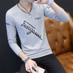 Korea Modis Gaya Pria Kerah V Ramping Jixin Ling Baju Dalaman Kaos (Miring Huruf Abu-abu)