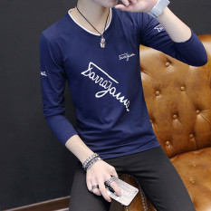 Korea Modis Gaya Pria Kerah V Ramping Jixin Ling Baju Dalaman Kaos (Miring Huruf Biru Tua)