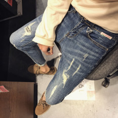 Korea Modis Gaya Pria Remaja Model Membentuk Tubuh Celana Tambalan Jeans (Lee Jeans Model Biru)