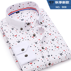 Korea Fashion Style Pria Slim Dicetak Kemeja Putih Lengan Panjang Kemeja (B08 Lengan Panjang) baju atasan kaos pria kemeja pria