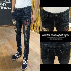 Korea Fashion Style Pria Slim Keelastikan Celana Pensil Celana Jeans Sobek (Biru)