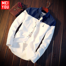 Korea Fashion Style pria Slim remaja kemeja lengan panjang baju kemeja (Biru tua putih) baju atasan kaos pria kemeja pria