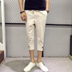Korea Fashion Style Pria Slim Warna Solid Celana Cargo Celana 3/4 (Khaki)