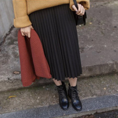 Korea Fashion Style Sifon Warna Solid Pinggang Tinggi Rok Setengah Panjang Rok Berbentuk Huruf A (Hitam)