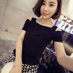 Korea Modis Gaya Warna Polos Pakaian Wanita Lengan Bang Pendek Ramping Kaos Baru Kaos (Hitam)