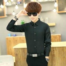 Korea Modis Gaya Warna Polos Pria Remaja Baju Dalaman Lengan Panjang Kemeja (Warna Polos Kemeja Hitam)