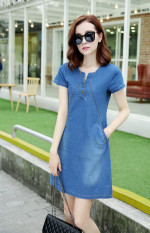 Korea perempuan bagian panjang dari ukuran besar A rok kata denim Gaun (Biru muda) baju wanita dress wanita Gaun wanita