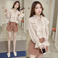 Korea Perempuan Baru Baju Dalaman Lengan Terompet Kemeja Jersey Rayon (Krem)