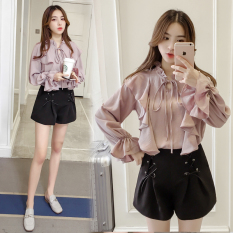 Korea Perempuan Baru Baju Dalaman Lengan Terompet Kemeja Jersey Rayon (Merah Muda)