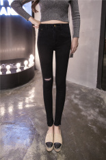 Korea Fashion Wanita Kasual jeans Robek Tinggi Pinggang Elastis Skinny Denim Celana Pensil dengan Lubang Hpt053 Hitam-Intl