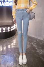 Korea Fashion Wanita Kasual jeans Robek Tinggi Pinggang Elastis Skinny Denim Celana Pensil dengan Lubang Hpt053 Biru Muda-Internasional