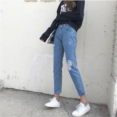 Korea Baru Musim Semi Terbaru Ladies Pinggang Tengah Longgar Gaya Pacar Jeans Di Vintage Cuci dengan Ripped Celana Perapi Wanita Real Foto-Intl