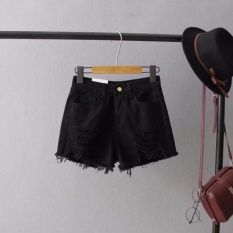 Gaya Korea Musim Panas Robek Lubang Skinny Shorts Jeans Ukuran Besar Denim Tertekan dengan Sexy Hot Cut Out Net Dicuci Pants (hitam) -Intl