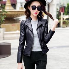 Gaya Korea Wanita Paragraf Pendek Lokomotif Kulit Mantel Wanita Slim Fit Zipper Lengan Panjang Jaket Kulit Ladies Model Blazer -hitam-Intl