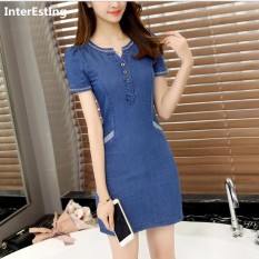 Korea Summer Denim Gaun Lady Midi Slim A-LINE Jeans Gaun Wanita Kausal Lengan Pendek Pakaian 2018 New-Intl