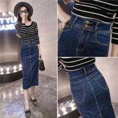 Korea Vintage Pensil Wanita Kasual Tahan Jean Rok Berpinggang Tinggi-Line Panjang Denim Rok untuk