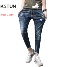 Kstun Pria Jeans Regang Hancur Robek Desain Modis Pergelangan Kaki Ritsleting Ramping Musim Panas Kurus Jeans untuk Pria Streetwear Celana Celana- internasional