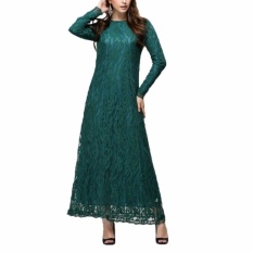 Kuhong Wanita Muslim Lengan Panjang Gaun Islam Wanita Gaun Jubah Kaftan Maroko Mode Gaun Renda Hijau-Intl