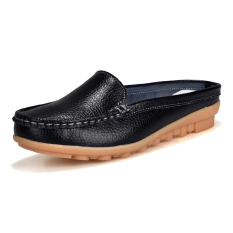 Sepatu Sandal Wanita Kulit Asli Sol Datar Sol Lunak Bagian Ujung Tertutup Santai (Hitam) Sepatu Wanita Sandal Wanita