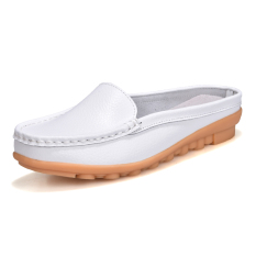 Sepatu Sandal Wanita Kulit Asli Sol Datar Sol Lunak Bagian Ujung Tertutup San (Putih)