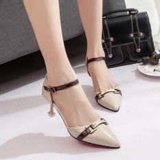 2018 Model Baru Bagian Depan Tajam Hak Rendah Sandal Summer Wanita Musim Panas Kulit Asli Mulut Dangkal Dasi Kupu-kupu Gesper Horizontal Hijab Hak Tipis Sepatu Wanita