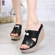 Sepatu Sandal Wanita Kulit Asli Sol Tebal Anti Selip Ukuran Besar (Hitam) (Hitam)