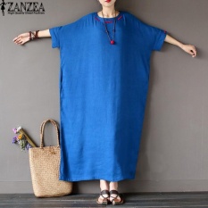 L-5XL ZANZEA Wanita Terlalu Besar Round Leher Kasual Longgar Panjang Maxi Gaun Musim Panas Ladies Batwing Setengah Lengan Kaftan Gamis Vestido (biru) -Intl