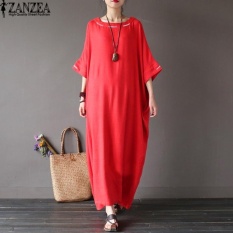 L-5XL ZANZEA Wanita Terlalu Besar Round Leher Kasual Longgar Panjang Maxi Gaun Musim Panas Ladies Batwing Setengah Lengan Kaftan Gamis Vestido (merah) -Intl